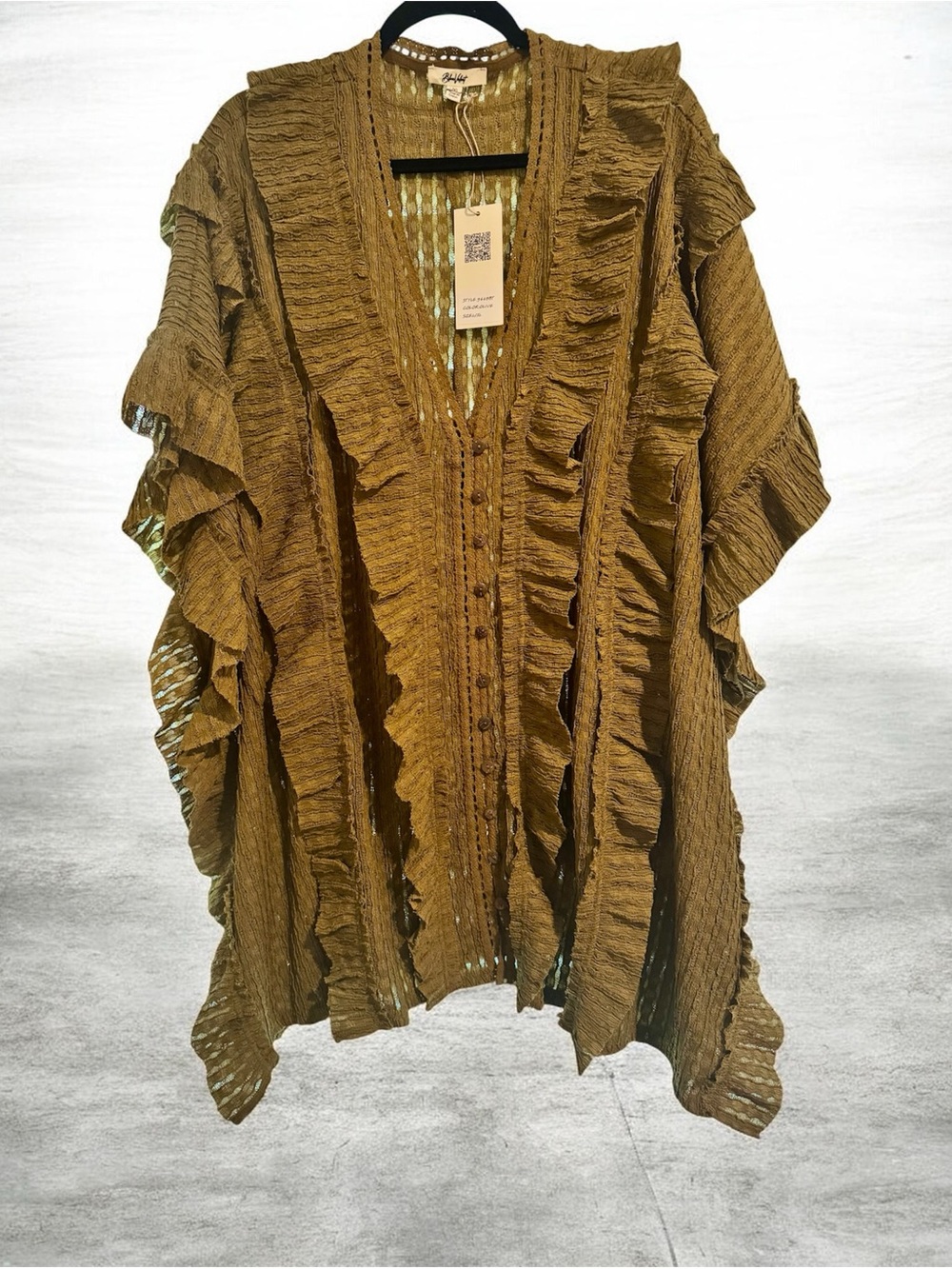 NWT Blue Velvet Olive Ruffle Kimono Boho
Tiered Cardigan Top-Oversized